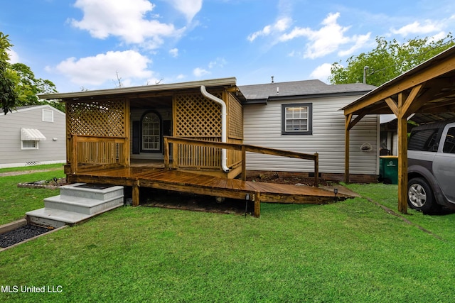 back of property featuring crawl space, a yard, and a deck