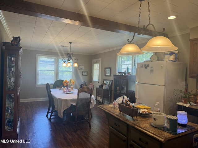 dining room with plenty of natural light, ornamental molding, baseboards, and dark wood-type flooring