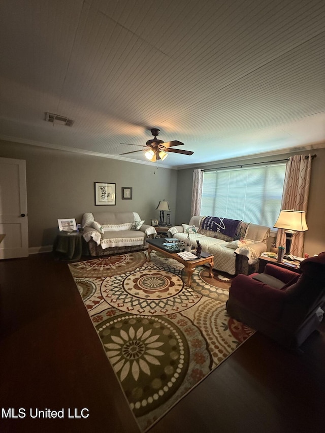 living room featuring wood ceiling, ceiling fan, visible vents, and wood finished floors
