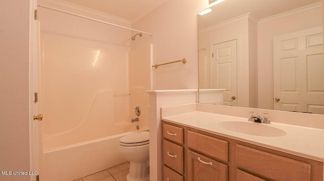 full bathroom featuring crown molding, shower / bath combination, toilet, vanity, and tile patterned floors