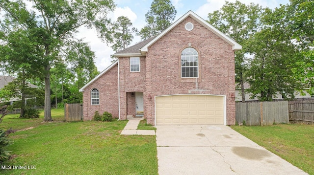 traditional-style house with driveway, brick siding, a front lawn, and fence