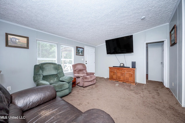 carpeted living area featuring a textured ceiling and crown molding