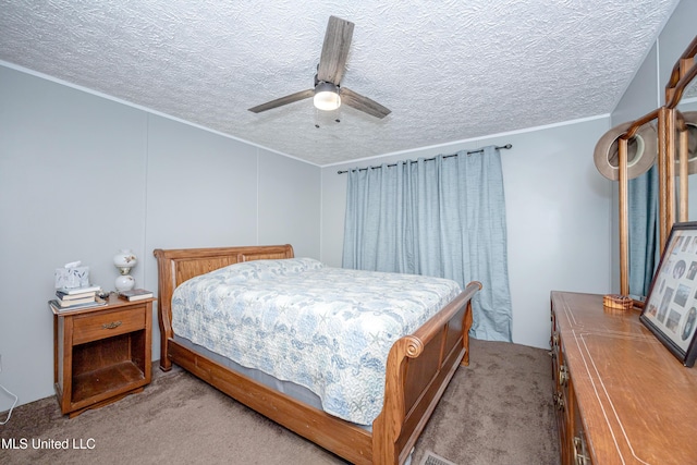 carpeted bedroom featuring a textured ceiling, a ceiling fan, and ornamental molding