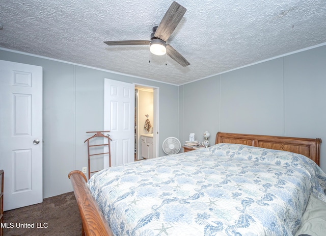 bedroom with a textured ceiling, carpet, a decorative wall, and crown molding