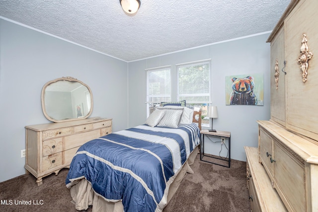 carpeted bedroom featuring crown molding and a textured ceiling