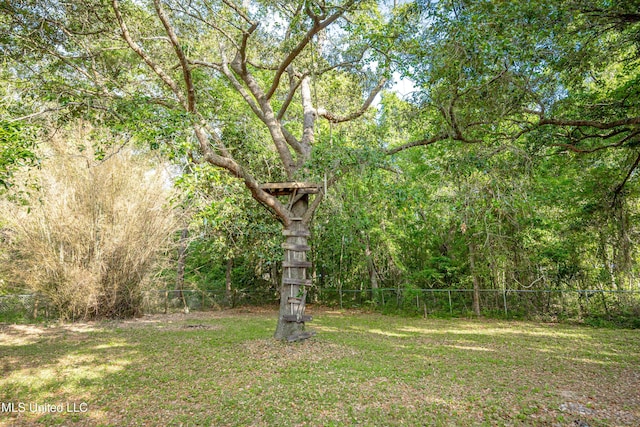 view of yard with fence and a wooded view