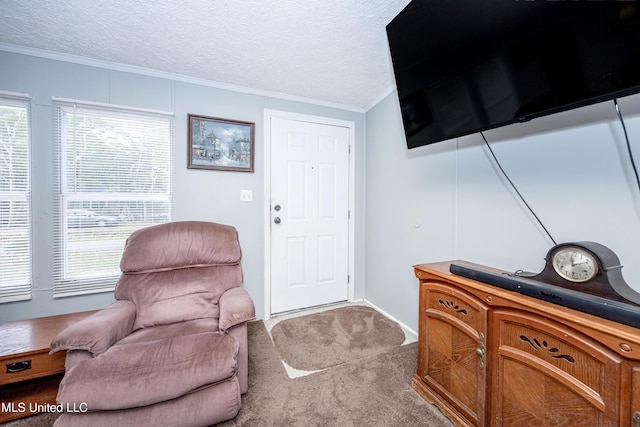 living area featuring a textured ceiling, plenty of natural light, carpet flooring, and crown molding