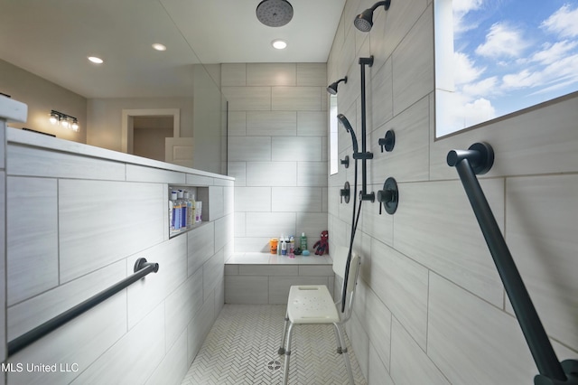 13240 Wolf River Rd, Gulfport, MS 39503 - bathroom with recessed lighting, tile walls, tile patterned floors, and tiled shower