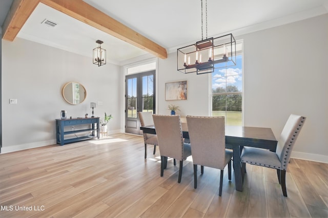 13240 Wolf River Rd, Gulfport, MS 39503 - dining room featuring visible vents, light wood-style floors, beam ceiling, baseboards, and a chandelier