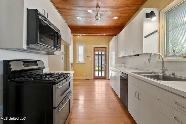 kitchen with white cabinetry, wooden ceiling, light hardwood / wood-style flooring, black appliances, and sink