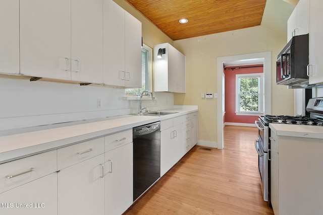 kitchen featuring white cabinets, wooden ceiling, black appliances, light hardwood / wood-style floors, and sink