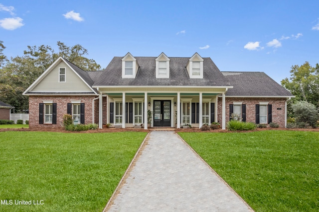 new england style home featuring a porch and a front yard