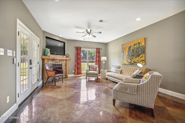 living room with french doors and ceiling fan