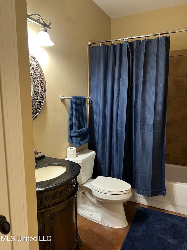 full bathroom with vanity, shower / bath combination with curtain, and toilet