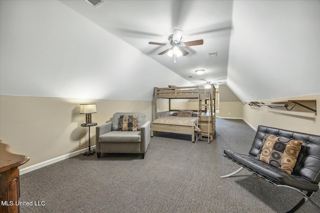 bedroom featuring dark colored carpet, lofted ceiling, and ceiling fan