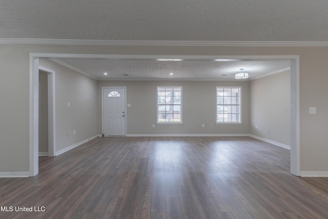 entryway featuring a textured ceiling, dark wood-style floors, and ornamental molding