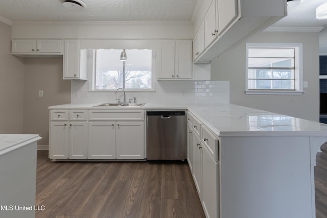 kitchen featuring a sink, stainless steel dishwasher, a peninsula, and white cabinetry