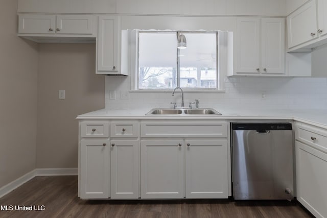 kitchen featuring a sink, dark wood-type flooring, dishwasher, and white cabinets