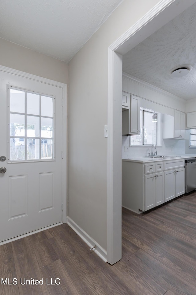 doorway with a sink, baseboards, and dark wood-style flooring