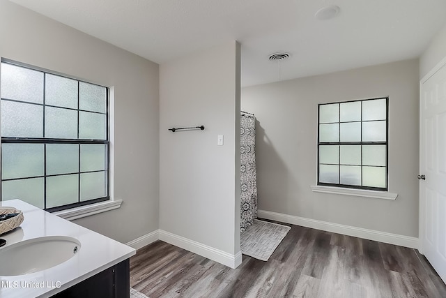 bathroom featuring vanity, wood-type flooring, and a shower with curtain