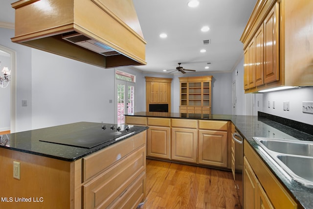 kitchen with ornamental molding, black electric stovetop, custom range hood, and light hardwood / wood-style floors