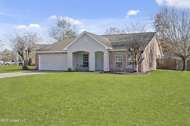 single story home with a garage and a front lawn