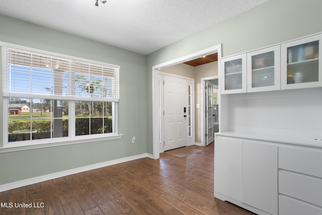 interior space featuring a textured ceiling, a healthy amount of sunlight, and dark hardwood / wood-style floors