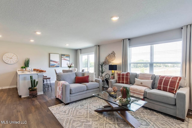 living room featuring dark hardwood / wood-style floors, a textured ceiling, and sink