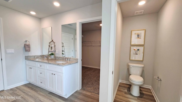 bathroom featuring a sink, double vanity, toilet, wood finished floors, and a spacious closet