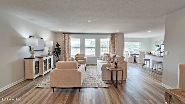 living area with baseboards, a textured ceiling, and wood finished floors