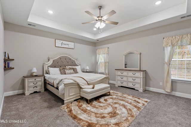 carpeted bedroom featuring a raised ceiling and ceiling fan