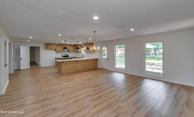 551 Holly Bush Rd, Brandon, MS 39047 - kitchen with a peninsula, baseboards, light wood-style flooring, recessed lighting, and open floor plan