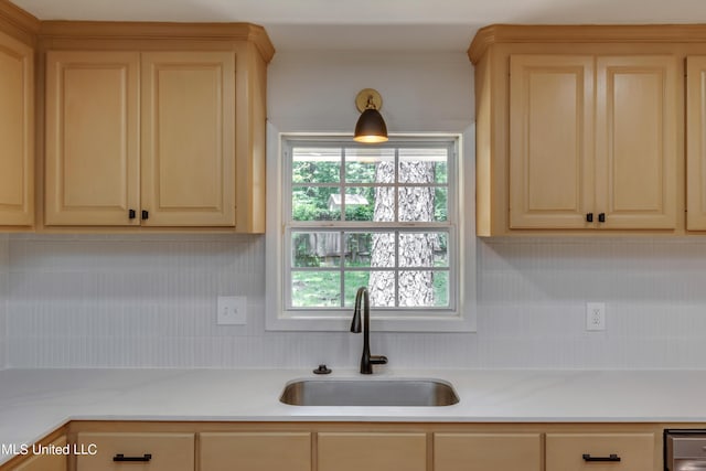 551 Holly Bush Rd, Brandon, MS 39047 - kitchen featuring light brown cabinetry, light countertops, a sink, and tasteful backsplash