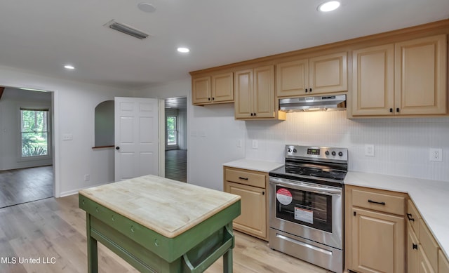 551 Holly Bush Rd, Brandon, MS 39047 - kitchen with stainless steel electric stove, under cabinet range hood, decorative backsplash, light wood-type flooring, and recessed lighting