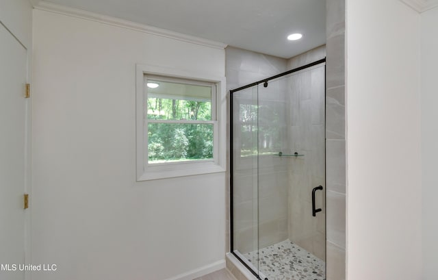 551 Holly Bush Rd, Brandon, MS 39047 - bathroom featuring a shower stall, ornamental molding, baseboards, and recessed lighting