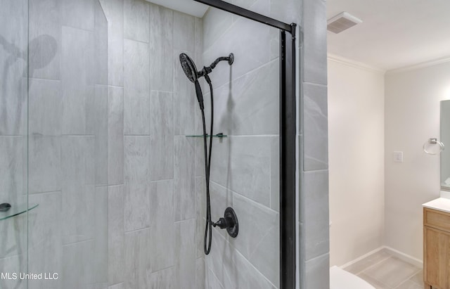 551 Holly Bush Rd, Brandon, MS 39047 - full bathroom with vanity, a stall shower, and ornamental molding