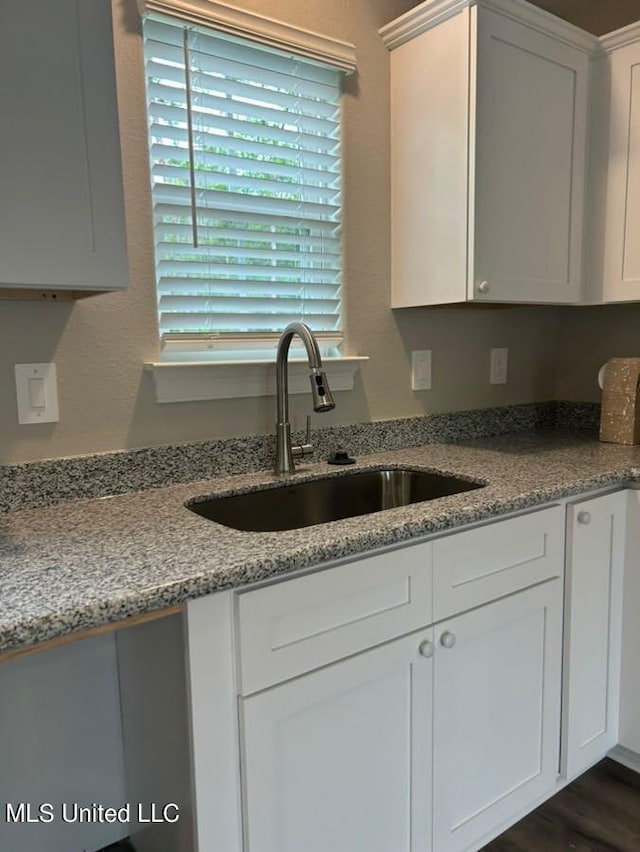 kitchen with white cabinets, dark hardwood / wood-style flooring, light stone countertops, and sink