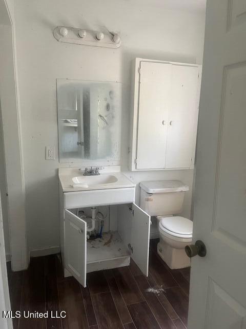 bathroom with vanity, toilet, and wood finished floors