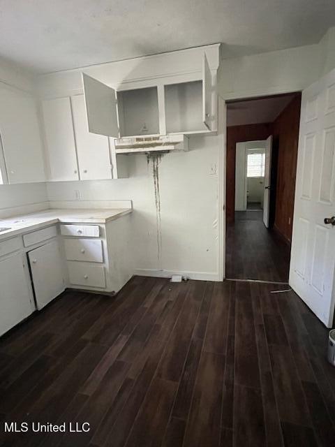 kitchen with light countertops, dark wood-style flooring, and white cabinets