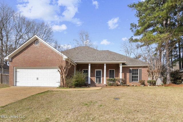 ranch-style house with a garage, covered porch, and a front lawn