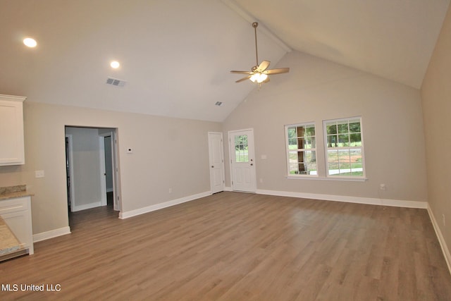 unfurnished living room featuring ceiling fan, beamed ceiling, high vaulted ceiling, and light wood-type flooring