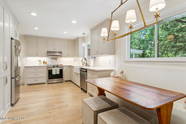 kitchen with appliances with stainless steel finishes, sink, backsplash, decorative light fixtures, and light hardwood / wood-style flooring