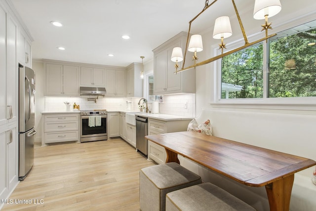 kitchen with light wood finished floors, stainless steel appliances, backsplash, under cabinet range hood, and light countertops