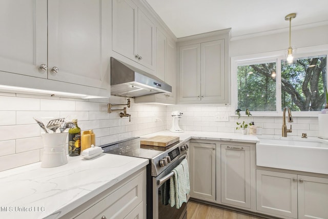 kitchen with under cabinet range hood, ornamental molding, a sink, tasteful backsplash, and electric range