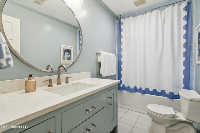 bathroom featuring toilet, shower / tub combo with curtain, visible vents, tile patterned flooring, and vanity