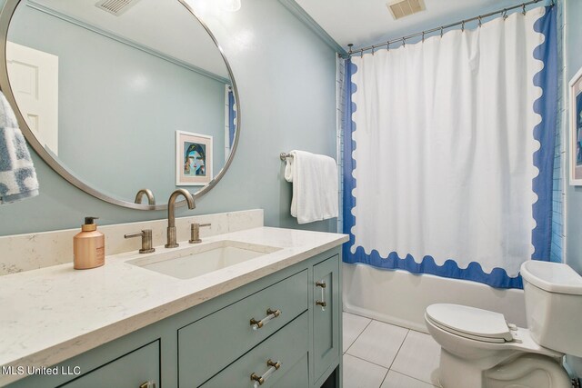 full bathroom with toilet, vanity, shower / bath combination with curtain, and tile patterned floors