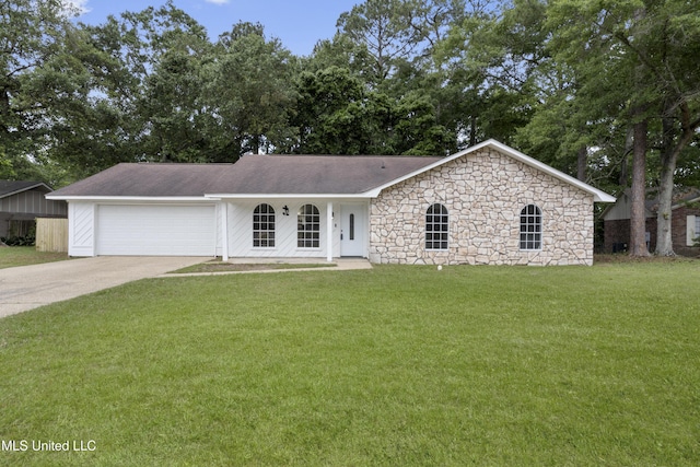 ranch-style house featuring an attached garage, a front lawn, stone siding, and concrete driveway