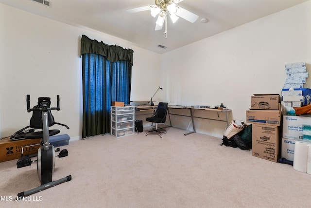 office space featuring carpet floors and ceiling fan