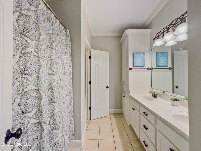 66 Auburn Pl, Hattiesburg, MS 39402 - full bath featuring ornamental molding, double vanity, tile patterned flooring, baseboards, and a shower with shower curtain