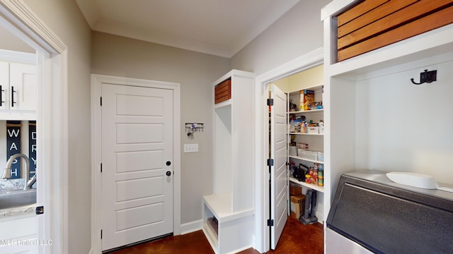 mudroom with sink and ornamental molding